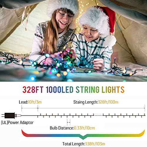 Quntis 328ft 1000 LED светла за новогодишни елки, отворено повеќебојни XMAS String Lights w/8 режими самовила светла за трепкање приклучок за декорации за празници за куќни градинарс