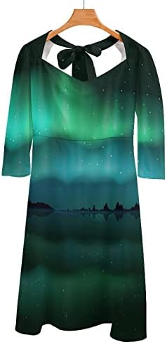 Северни светла Аурора Бореалис летен летен фустан на летен случај V-врат со средна должина на ракав, ленти за ламби од миди миди