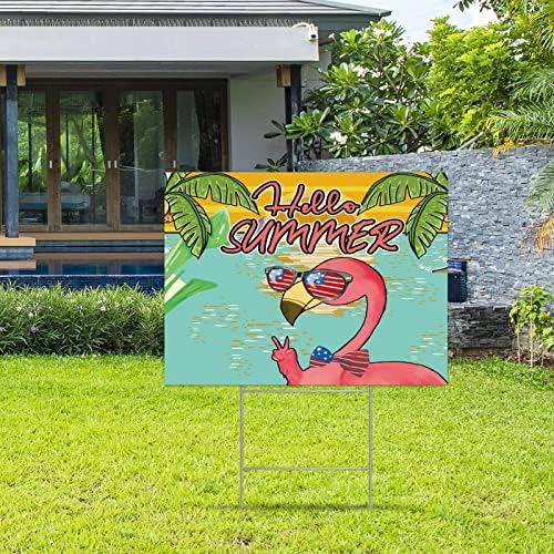 Дворови знаци насликани фламинго американски двор знак со h Stake 18x24in здраво летен двор знаци на отворено тревник патека за плажа пластични