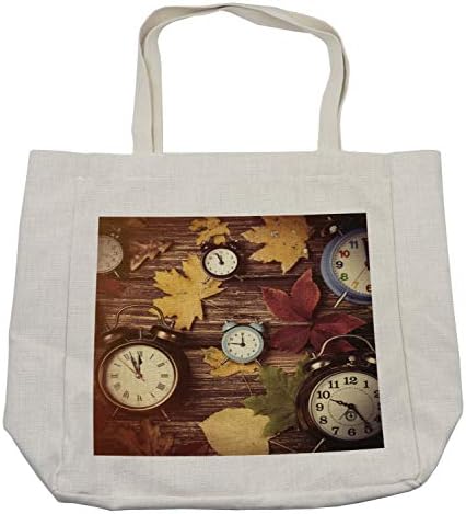Торба за купување на есенски пад на Амбесон, различни лисја од суви јавори и разни алармни часовници на дрвени штици, печати, еколошка