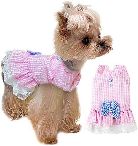 Тенгџи куче летен фустан симпатична карирана лак без ракави без ракави мека дише чипка чипка принцеза кутре облека облека мачка кутре