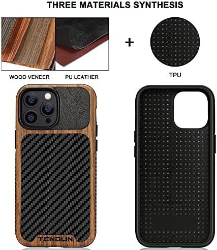 TENDLIN Компатибилен Со Iphone 13 Pro Max Случај Дрво Зрно Со Дизајн На Текстура На Јаглеродни Влакна Кожа Хибриден Случај Компатибилен За