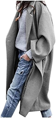 Зимски палта на Требин жени, женски моден солиден џеб во боја со долг ракав лапел волнен долги палто за палто