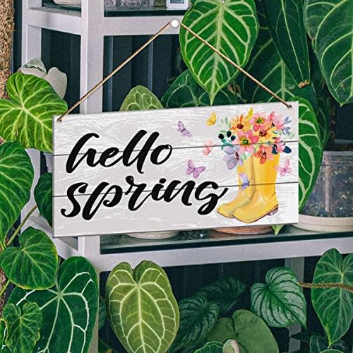 Знак за декор на пролетни wallидови, здраво пролет, пролетни украси за домашна спална соба тремот Рустикален флора виси знак пролетен украс затворен