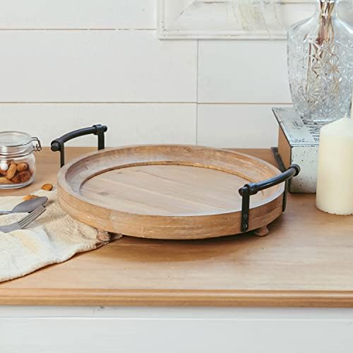 Nikky Home Farmhouse Round Wood Decorative Tray, потресена фиока за свеќи со метални рачки, декор за централен дел за кафе бар, кујнски