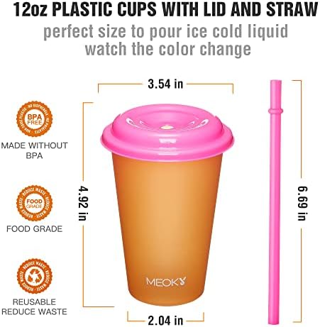 Меоки Чаши За Менување Боја Со Капаци и Сламки за Деца 6пакувајте Пластични Тамблери За Ладен Пијалок 12оз За Повеќекратна Употреба