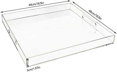 Cncest clear голема фиока за акрилна служба, транспарентна послужавник за сервирање со рачки од 19x19 инчи, доказ за истурање, организатор на декоративни ленти за отоман, н?