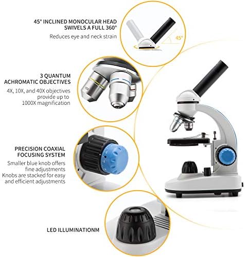 Национален оптички 40x-1000x Студентски научен соединение Монокуларен микроскоп за деца, WF10X и WF25X очни очи, LED осветлување