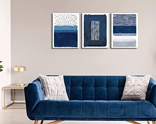 Create Blue Canavs Wallидна уметност за дневна соба декор 3 парчиња Апстрактно сино и бело сликарство платно печатење врамени уметнички