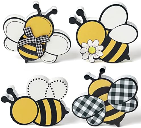 ВАТИНК 4 ПАРЧИЊА Декор За Послужавник Со Нивоа На Пчели, Знак За Централно Парче Летна Дрвена Маса, Двострани Пчели Печатени Знаци