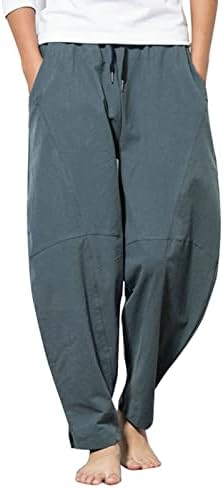 Менс памучни постелнини панталони, 2023 летни мажи мода едноставна висока висока боја цврста боја, врежано влечење на половината