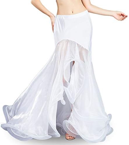 Кралска смола Бели танцување здолниште за стомакот, костуми за танчер за жени макси рибаил здолниште Руфле сирена здолништа карневалски облеки