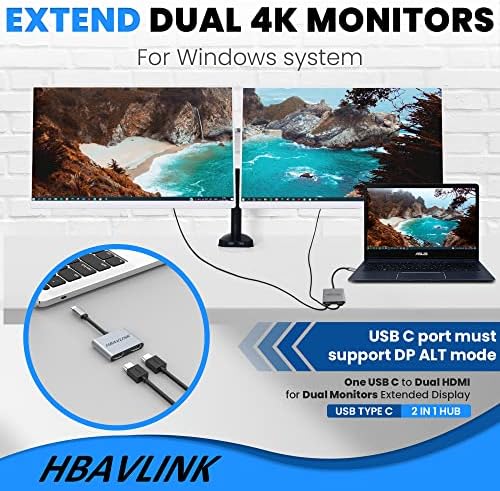 HbavLink USB C до двојниот HDMI адаптер за Windows лаптоп + USB 3.0 до двојниот HDMI адаптер за Windows & MacOS