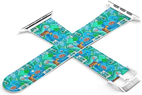 Замена на опсегот на зглобот Cavka за серијалот на Apple Watch 7/6/5/4/3/2/1/SE Loch Ness Monster Design PU кожа печатена шкотска лента за замена 38-40-42-44 mm верувајте дека Неси Каваи дино Слим од