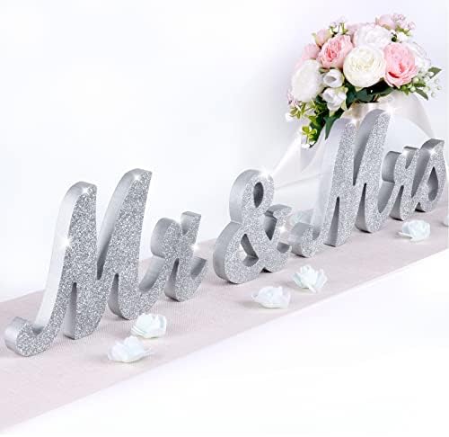 Spurtar MR и г -ѓа Sign, Silver Mr and Mrs Sign for свадбена маса, голем г -ѓа и г -ѓа знак за свадбена маса, исклучителна романтична