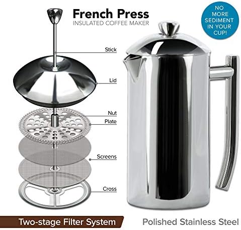 Фрилинг со двојни wallидови од не'рѓосувачки челик, француски производител на кафе, полиран, 17 унци