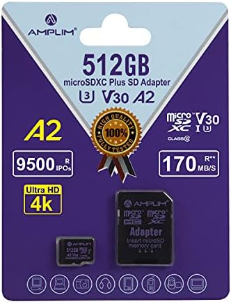 Amplim Micro SD картичка 512 GB | MicroSD меморија плус адаптер | Екстремна голема брзина 170MB/s A2 microsdxc U3 класа 10 v30