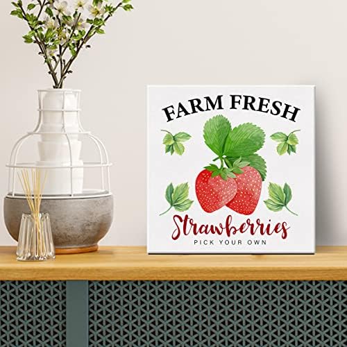 Фарма куќа јагода знак платно wallидна уметност 8 x 8 инчи рустикални јагоди платно печатење сликање врамена плакета домашна декорација на кујна