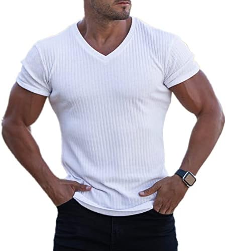 Модна машка атлетска маичка тренингот плетени мускули маици се протегаат летни фитнес кошули V-вратот памук мета врв