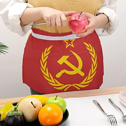 Советскиот Сојуз CCCP Amblem Amblem Red 11,8 инчен половината престилка на келнерката на келнерка половина престилки со 3 џебови за кафе -ресторан кафе