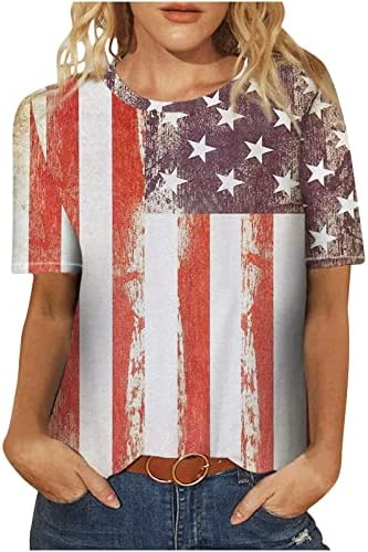 Американско знаме врвни жени на 4-ти јули со кошула со кратки ракави, трендовски обични маички влегуваат во Денот на независноста на денот на независноста