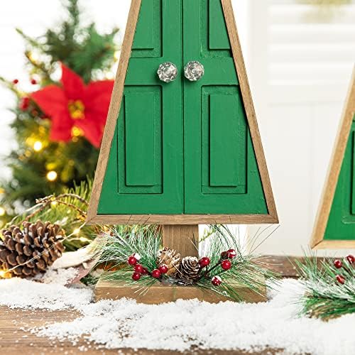 Глицом таблета дрвена елка сет од 2 со пинекони и бобинки за Божиќни украси за одмор, 19 ч, зелена