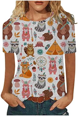 Летни врвови кошули случајни слатки животински принтрики со краток ракав, горе -тркалез Туника Туника, врвови на блуза за жени