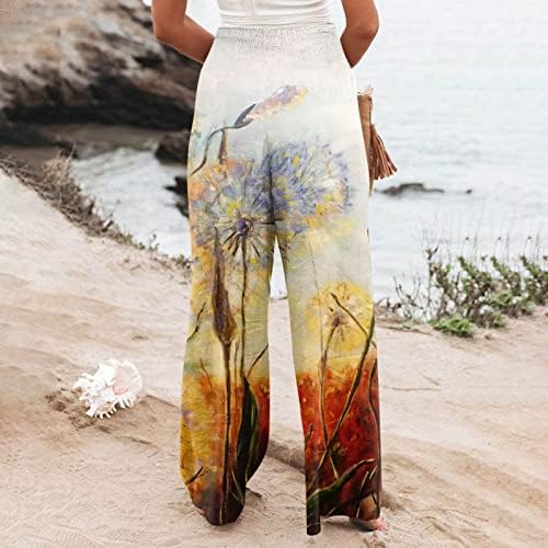 Оклун Постелнини панталони за жени со цветни печатени џогери со високи половини лабави се вклопуваат долги панталони со панталони со џеб со