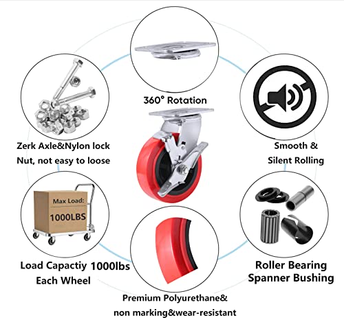 Индустриски тркала од 6 инчи-инчи-полиуретан на полиолефински тркала, сет од 4 тркала со тешки страни со капацитет од 4000 фунти, рицинови тркала