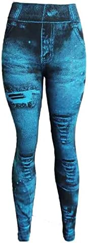 Женски обични панталони имитираат тексас хеланки еластични хулахопки со високи половини, тенок вклопат искинати фармерки панталони со џемпент