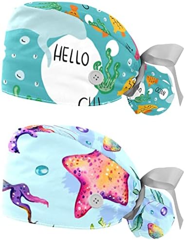 2 парчиња шарени насликани медузи за медуза, чистено капаче со копчиња и вратоврска за ленти за жени