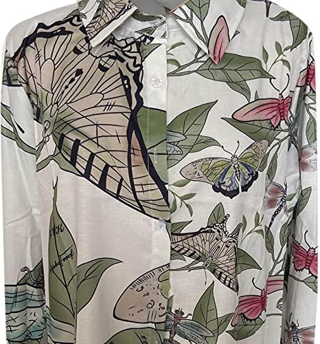 Тинејџерски девојки долги ракави vneck постелнина пеперутка цветна графичка бренд блуза кошула копче надолу до маичка за жени 3o