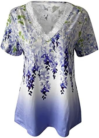 Xiaxogool Bohemian Plus Tops со големина за жени гроздобер цветни маици V-врат Краток ракав чипка блуза 2023 лето