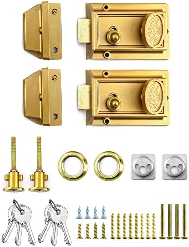 Qwork Night Latch Deadbolt Rim Lock со клуч, заклучување на антички стил на 2 пакети со клуч на влезната врата