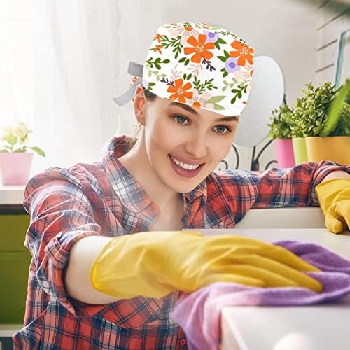 Чистење капи за жени долга коса, прилагодлива еластична вратоврска назад буфантна капа, 2 пакувања цветни цвеќиња мека медицинска сестра работна капа