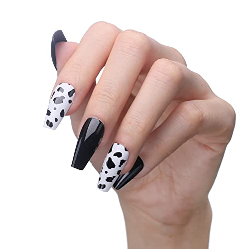 MQPQ црна крава печати печат на нокти средно ковчег лажни нокти Дизајн на уметност 24 парчиња Сјајно целосна покривка лажни нокти за жени