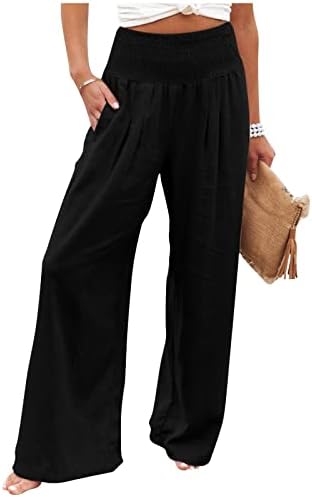 Амобер постелнини панталони за жени лето високо половината памучна постелнина пантацо панталони широки нозе долги панталони панталони со