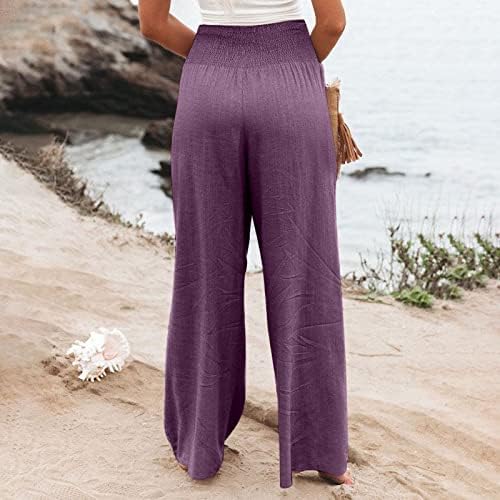 Амобер постелнини панталони за жени лето високо половината памучна постелнина пантацо панталони широки нозе долги панталони панталони со џеб