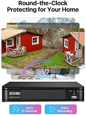 Zosi H.265+ Целосен систем за безбедност на домашни камера 1080p, отворен затворен, 5MP-LITE CCTV DVR 8 канал со HDD 1TB и 4 x 1080p водоотпорна