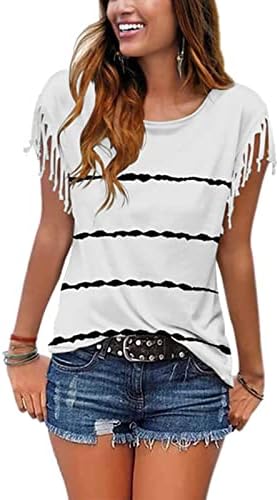 Женски врвови од маица со прицврстувачи на маица, обична тркалезна печатена маичка лето лабава лабава блуза со кратки ракави на врвот на врвот
