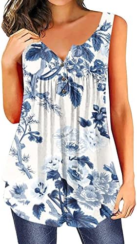 Женски случајни цветни печатени резервоар врвови сокријте ги кошулите на стомакот 2023 лето V вратот копче нагоре без ракави блуза