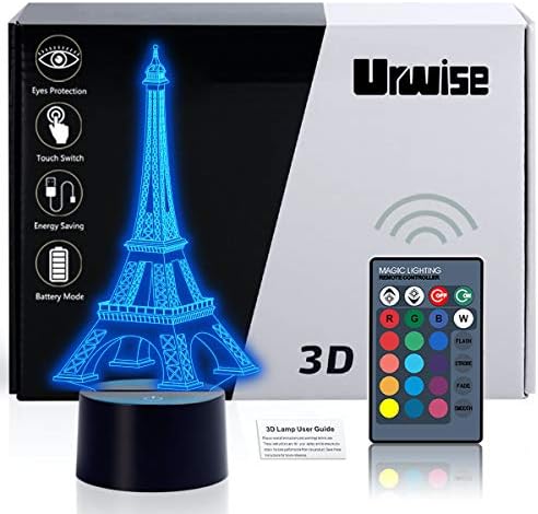 Романтична Ајфелова Кула во Париз Франција 3д Оптичка Илузија Ноќно Светло, 7 Бои Што Се Менуваат, ПАМЕТНО КОПЧЕ НА Допир USB