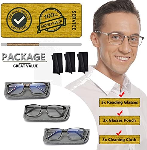 Очили за читање Hotjojo 3 читатели на метали за пакувања со сина светлина за блокирање за мажи анти УВ / сјај / компјутерски за очила за зголемување на очилата