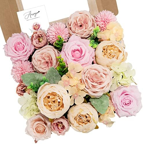 Аузого вештачки цвеќиња 28 парчиња комбо кутија сет, свила рози свадбени букети со стебла за DIY невестински свадбени украси, забава, бебешки
