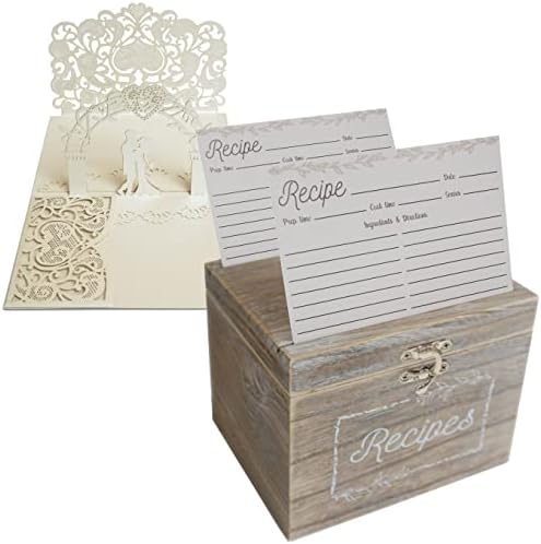 Декали дизајнира свадбен подарок за двојка - рустикална кутија за рецепти со картички за рецепти и делители плус свадбена скокачка картичка