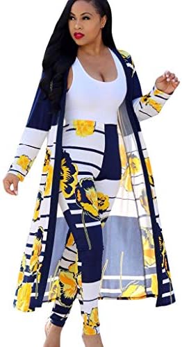 Облеки за жени со 2 парчиња - цветни печати со долг ракав Отворен предниот кардиган покријте го каросерот со високи половини со долги панталони