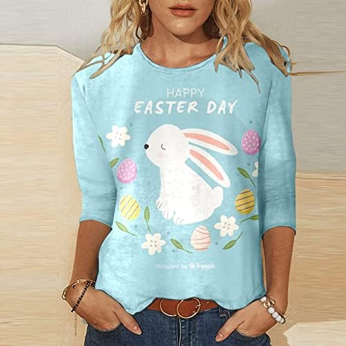 Среќни Велигденски кошули за жени слатки зајаче јајца Печати 3/4 ракав маичка блуза трендовски тркалезен врат Туника врвови од одмор