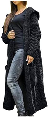 Долг џемпер, женски бучен плетен кабел кардиган топла зимска трикотажа пријатна цврста плетена ребра качулка со џеб