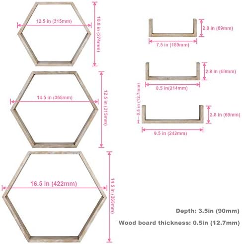 RR тркалезно богато дизајнирање wallидно полица сет од 6 - рустикално дрво 3 шестоаголни кутии и 3 мали полици карбонизирани