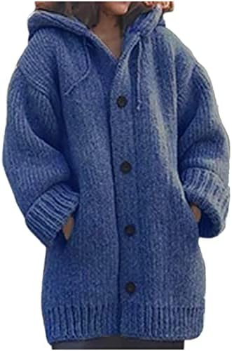 Џемпер за жени плус големина јакна со качулка, женски случајни копче надолу со палта лабави плетени врвови на врвовите на врвовите